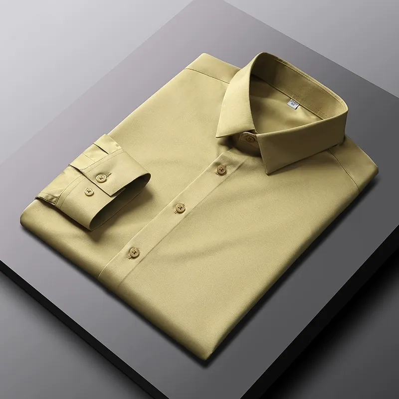 2025 New Elastic Silk White Shirt Men'S Long Sleeve Iron-Free Solid Color Breathable Casual Slim Business Men'S Shirt