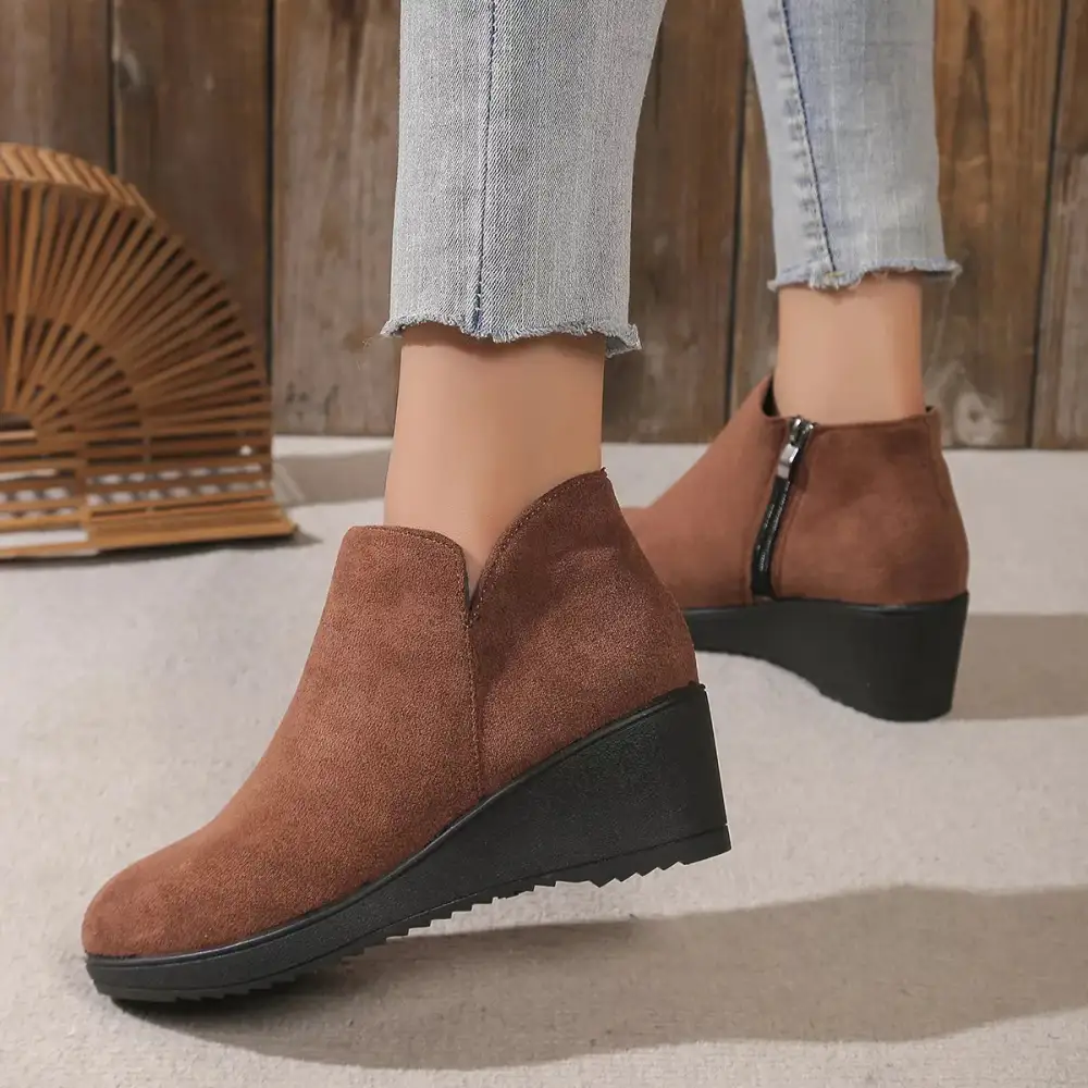 Textured Round Toe Wedge Ankle Boots