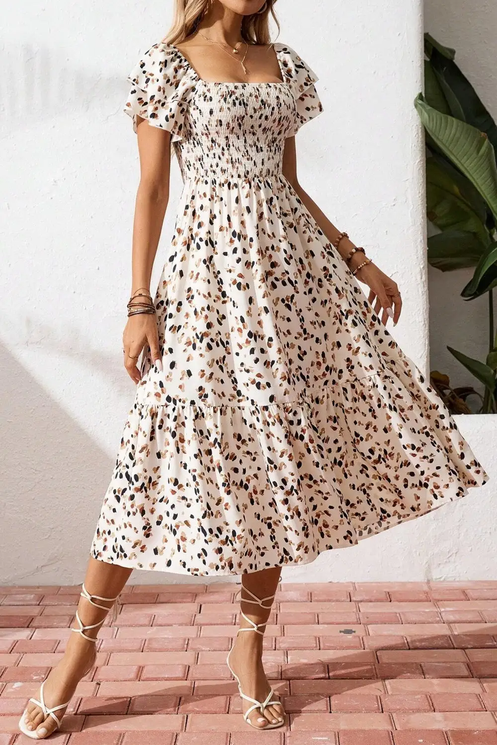 Square Neck Ruffle Midi Dress