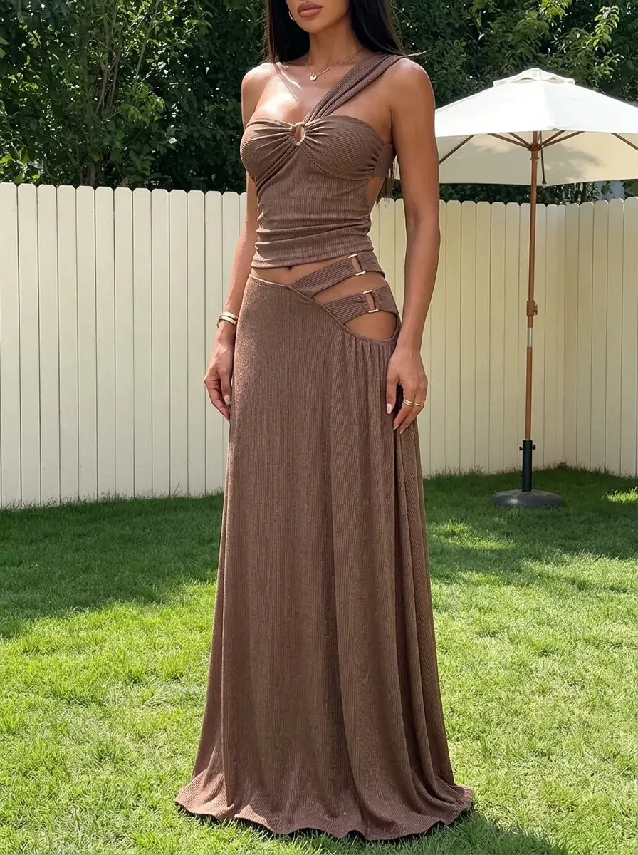 Women's Sexy Brown One-Shoulder Cutout Ribbed Maxi Skirt Set
