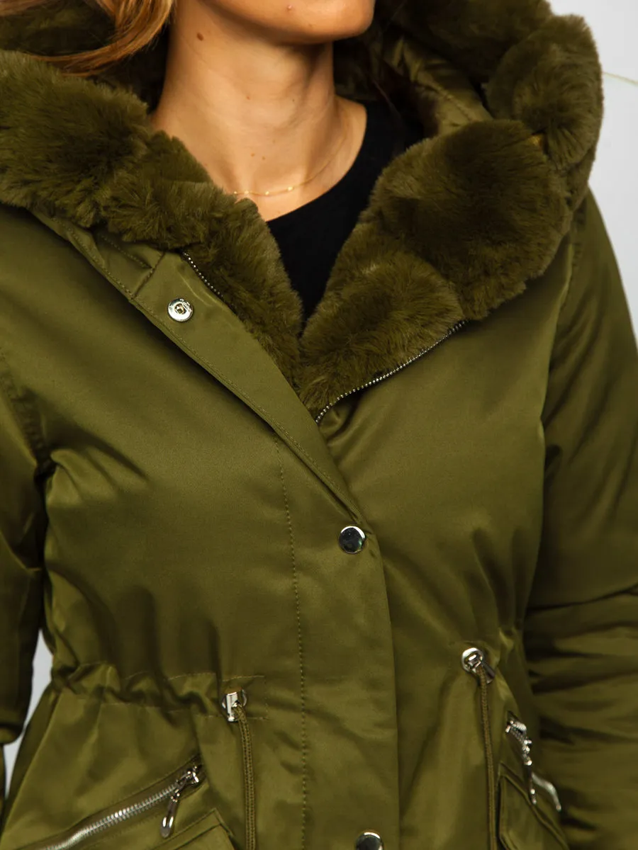 Khaki women's winter parka with hood
