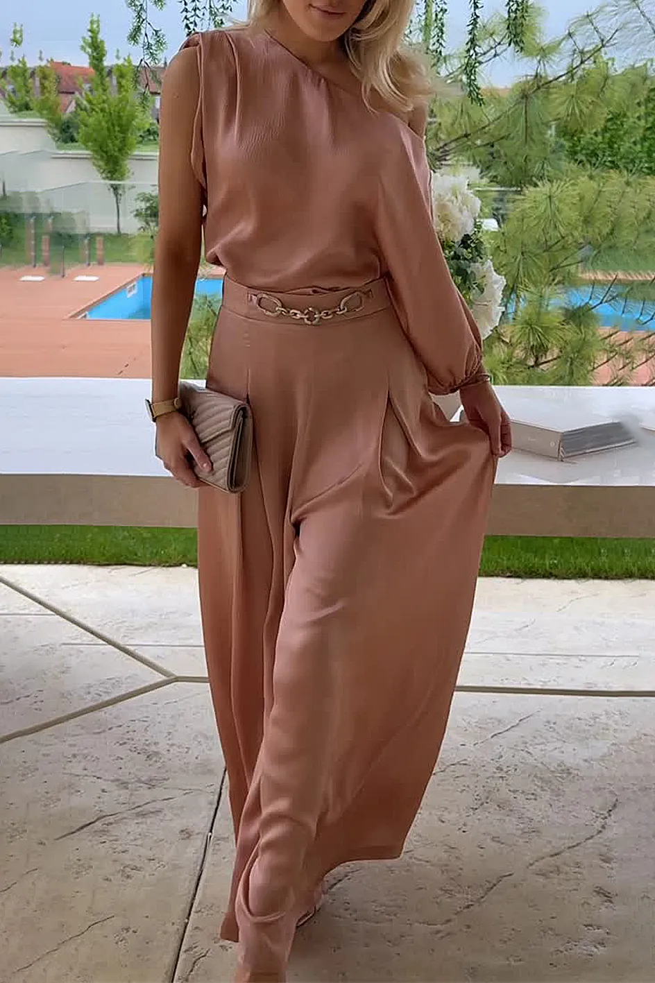 Women'S Casual One Shoulder Top & Wide Leg Pants Set