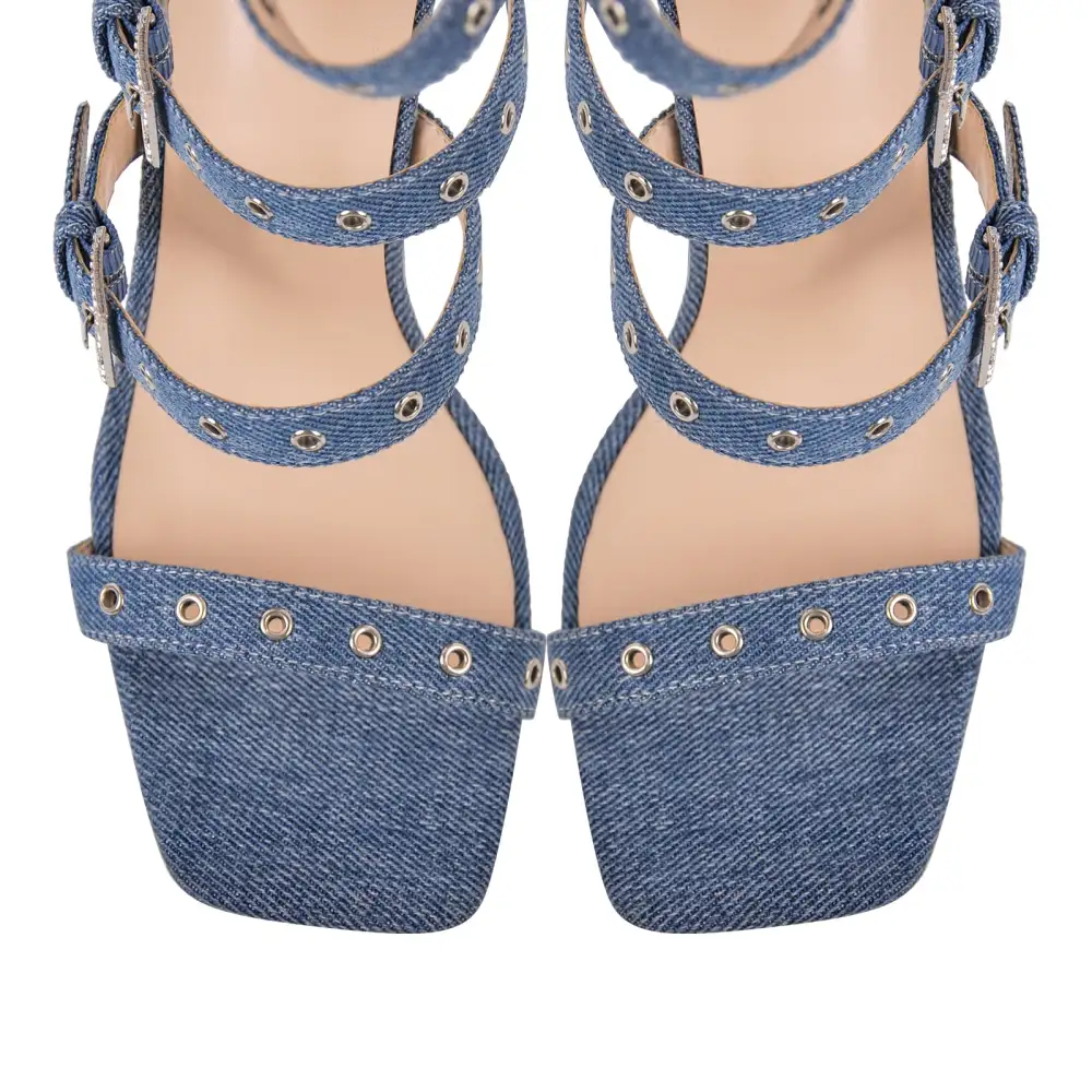 Denim Hollow Buckle Strap Thigh Stiletto Bootie Sandals