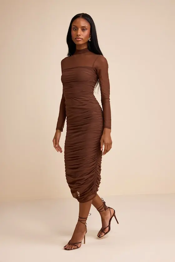 Impressive Flirt Black Mesh Ruched Mock Neck Midi Dress