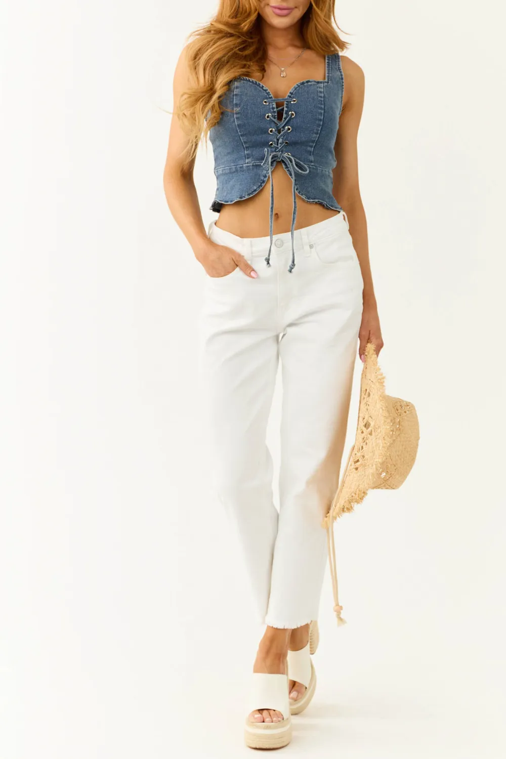 Medium Dark Wash Denim Lace Up Top