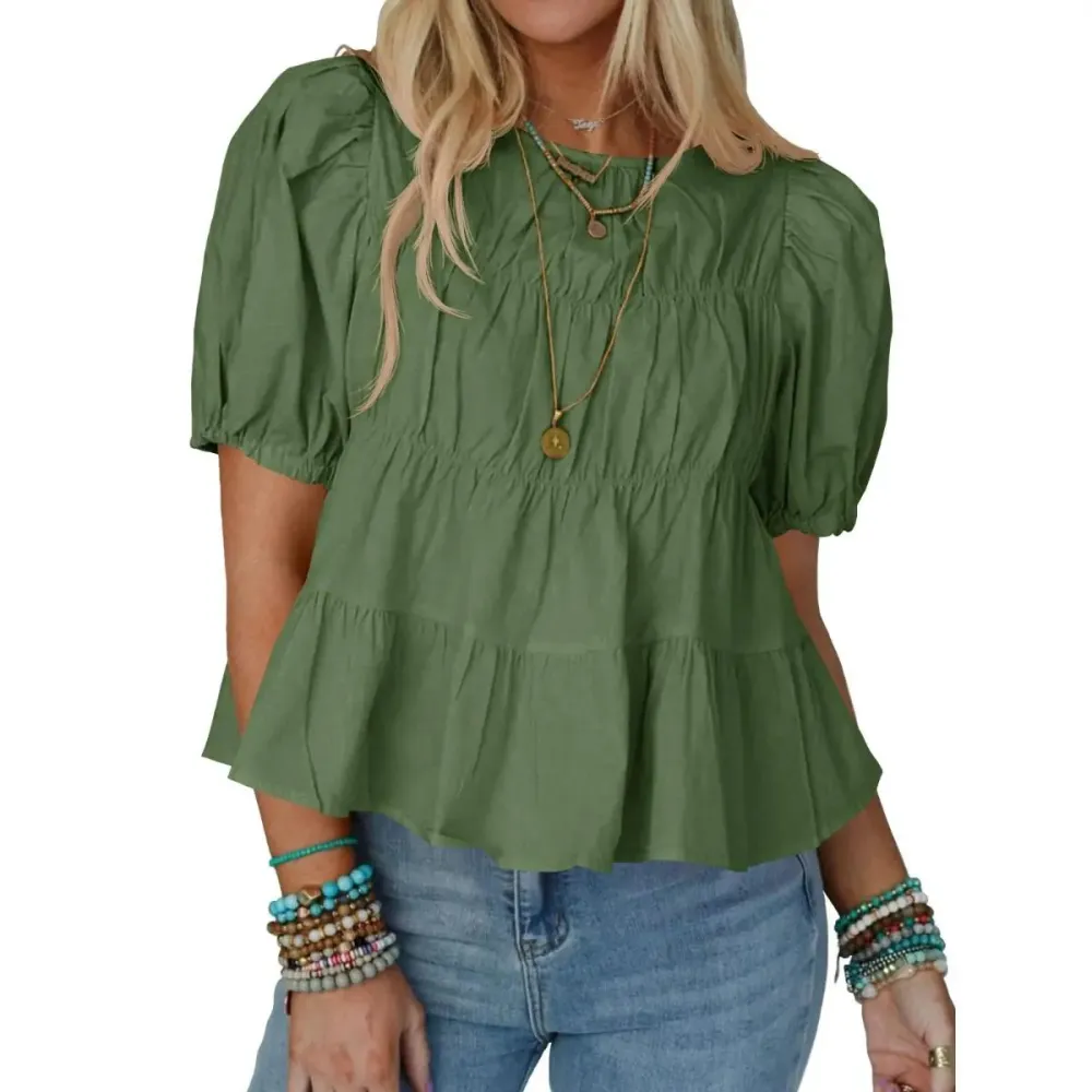 Womens Puff Sleeve Peplum Babydoll Tops