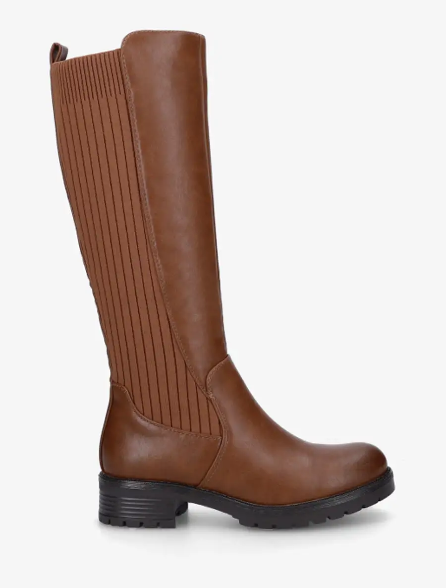 Tailored Stretch Panel Block Heel Faux Leather Knee High Boots