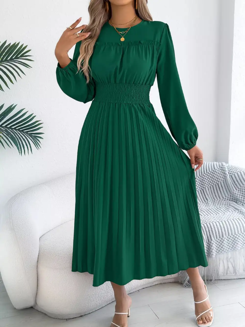Pleated Smocked Long Sleeve Midi Dress