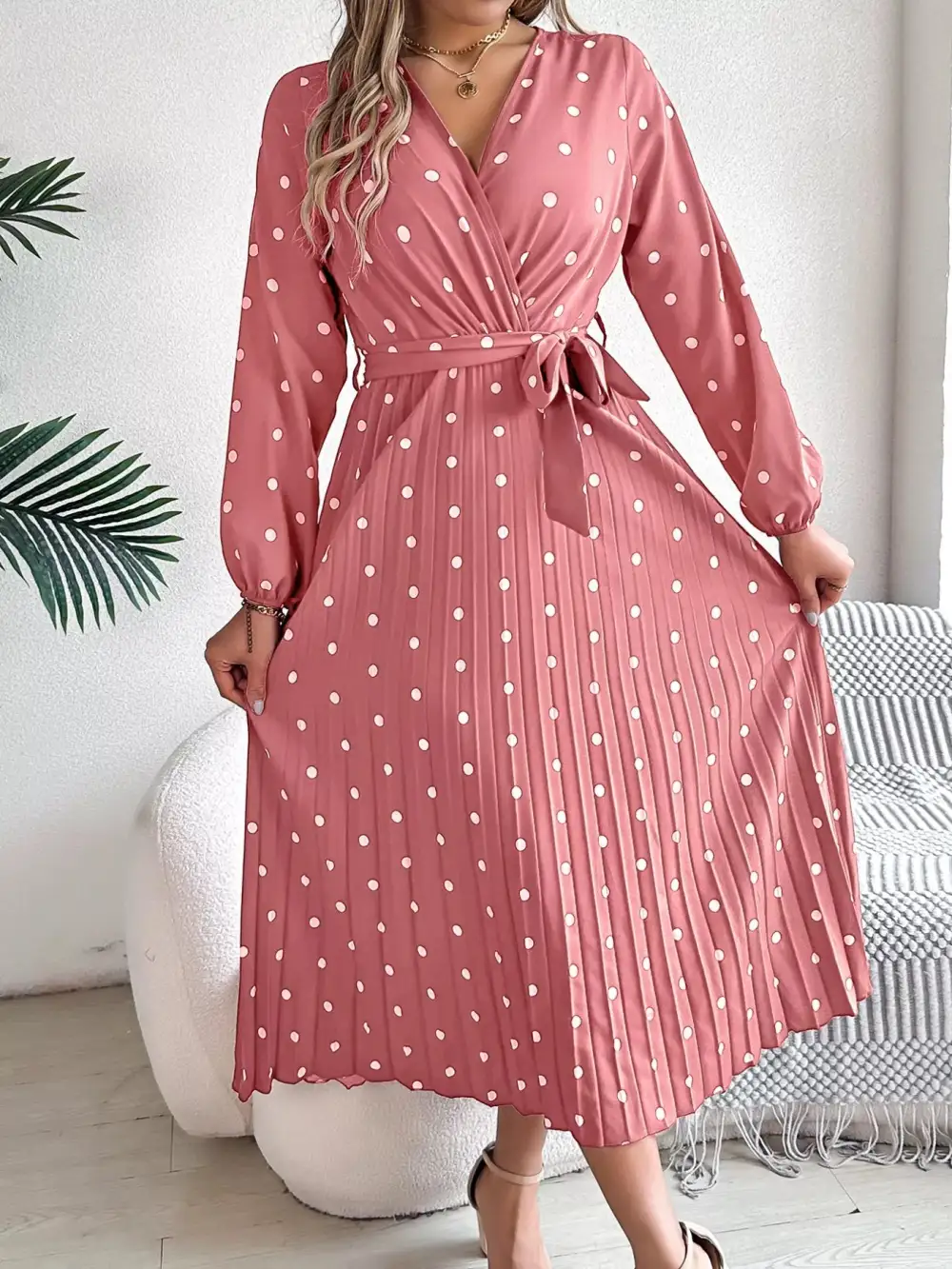 Polka Dot Pleated Midi Dress