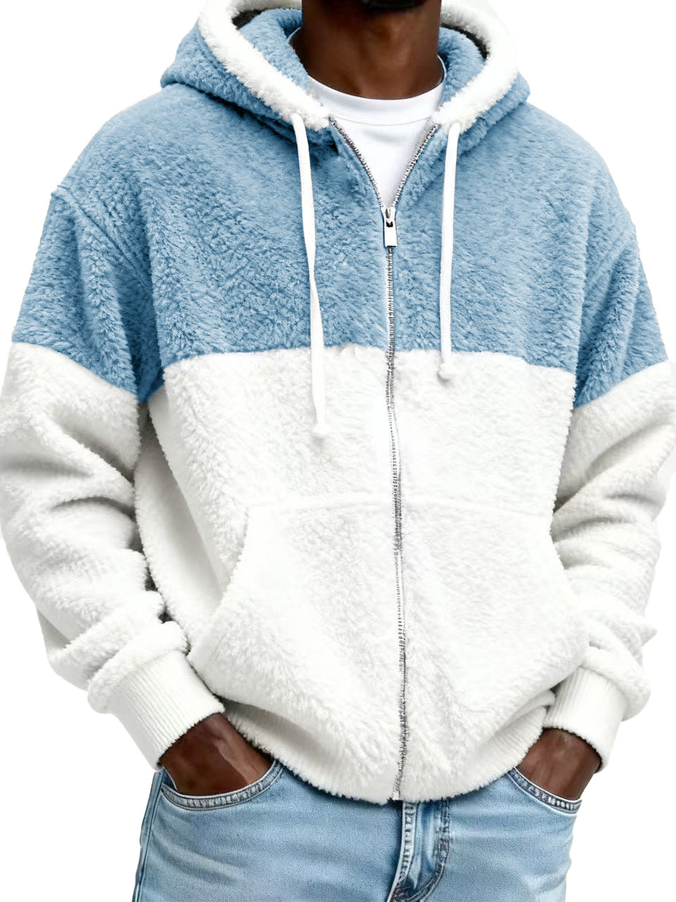 Men’s Stylish Casual Patchwork Plush Warm Long-sleeved Hooded Jacket