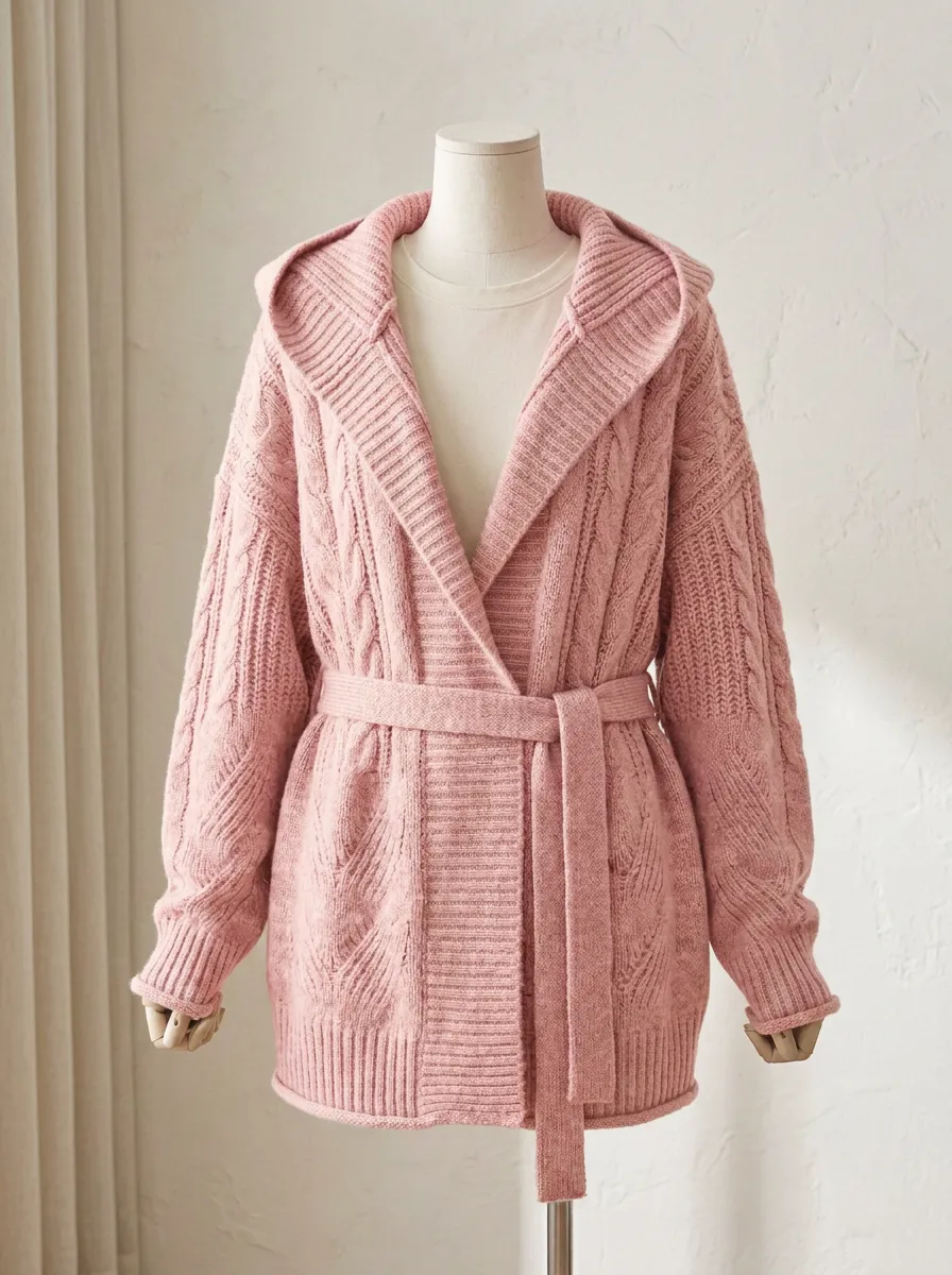 Refined Cable-Knit Belted Women's Hooded Knit Cardigan