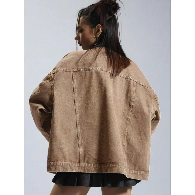 Women's Plain Button Front Drop Shoulder Denim Coat