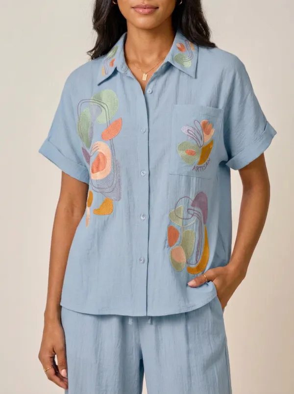 Women's Abstract Artisan Embroidery Peach Printed Shirt
