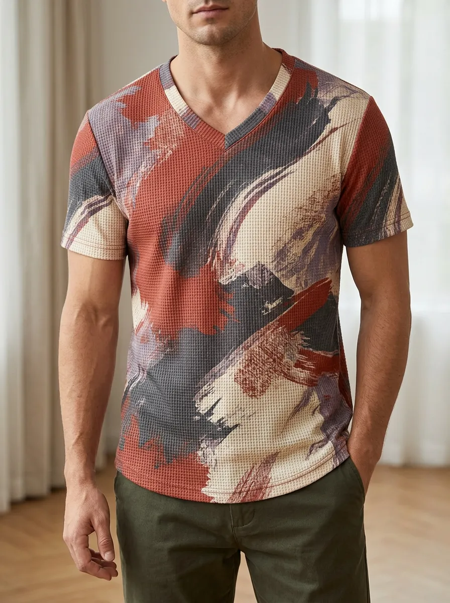 Men's Fluid Abstract Brushstroke Waffle Knit V-Neck T-Shirt