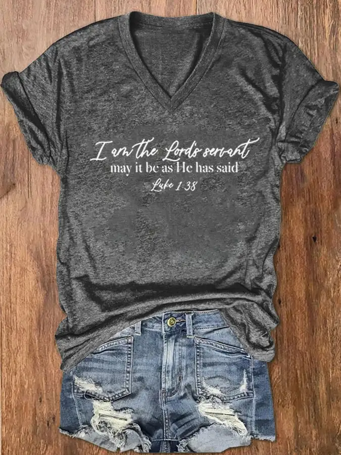 Women's I am the Lord's Servant - Luke 1:38 Scripture Print V-Neck T-Shirt