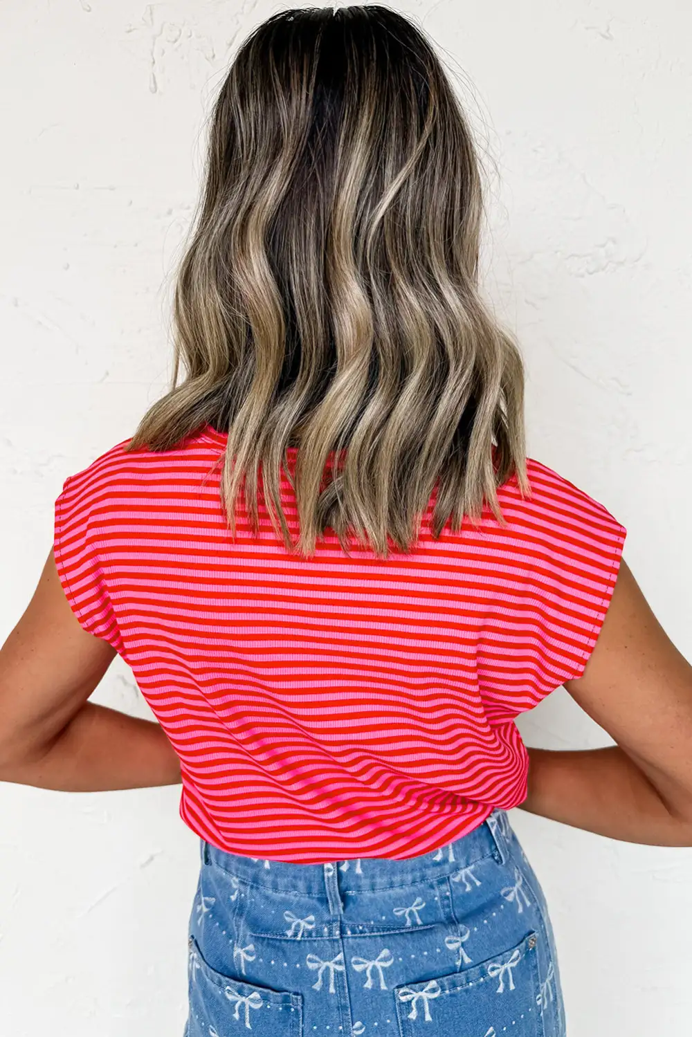 Red Stripe Ribbed Cap Sleeve