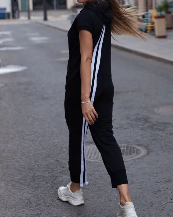 Mode Gestreepte Jumpsuits Met Capuchon En Ritssluiting