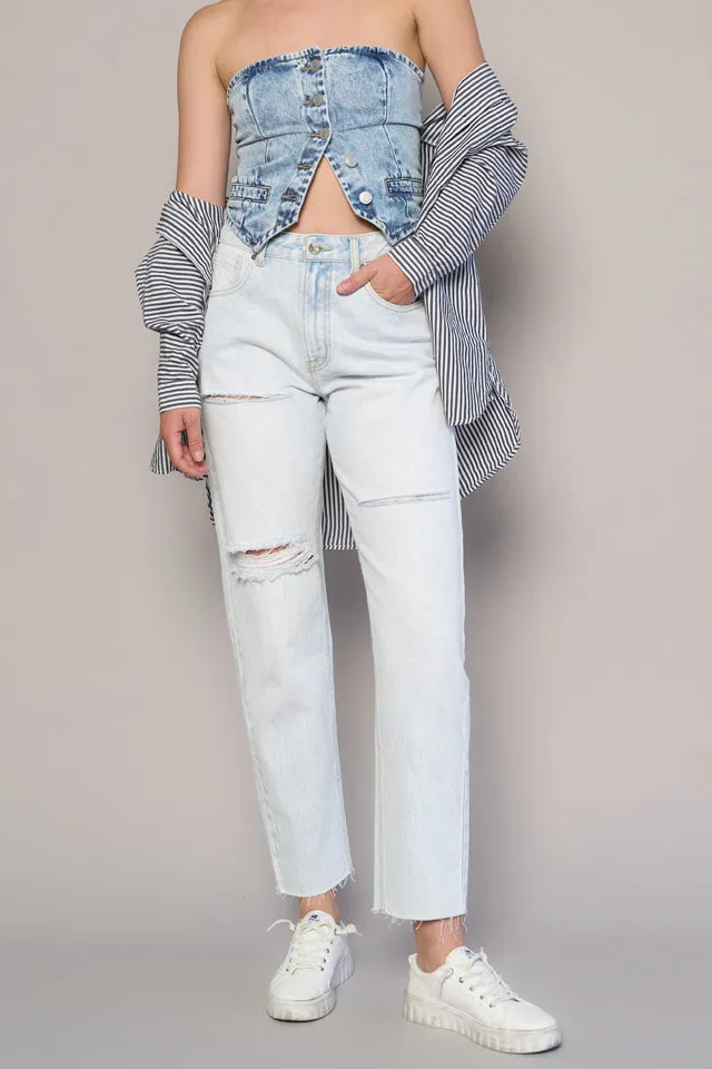 Women's High Rise Frayed Hem Straight Rigid Denim Jeans