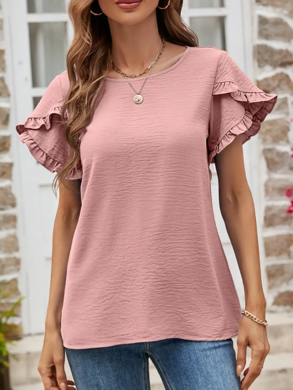 Textured Petal Sleeve Round Neck T-Shirt