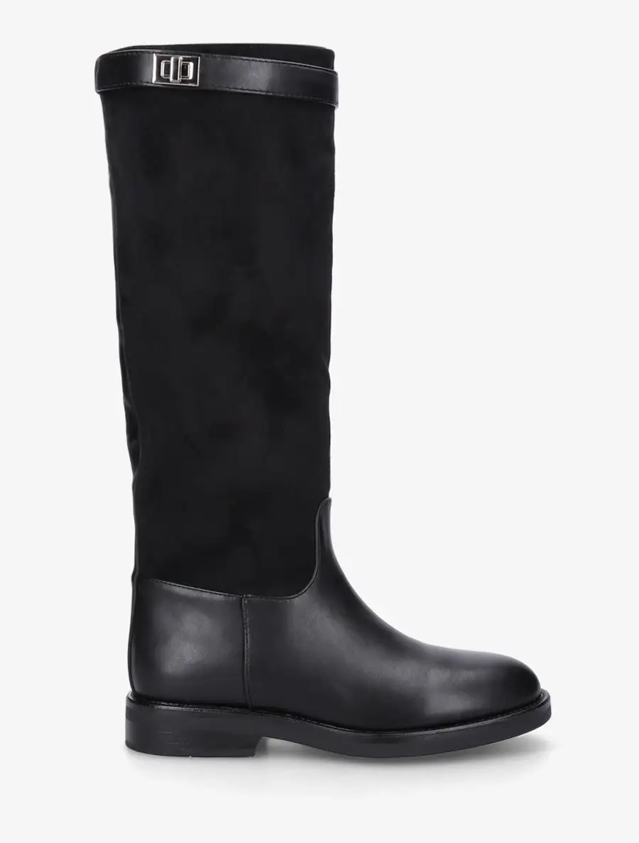 Refined Buckle Detail Block Heel Faux Suede Faux Leather Knee High Boots