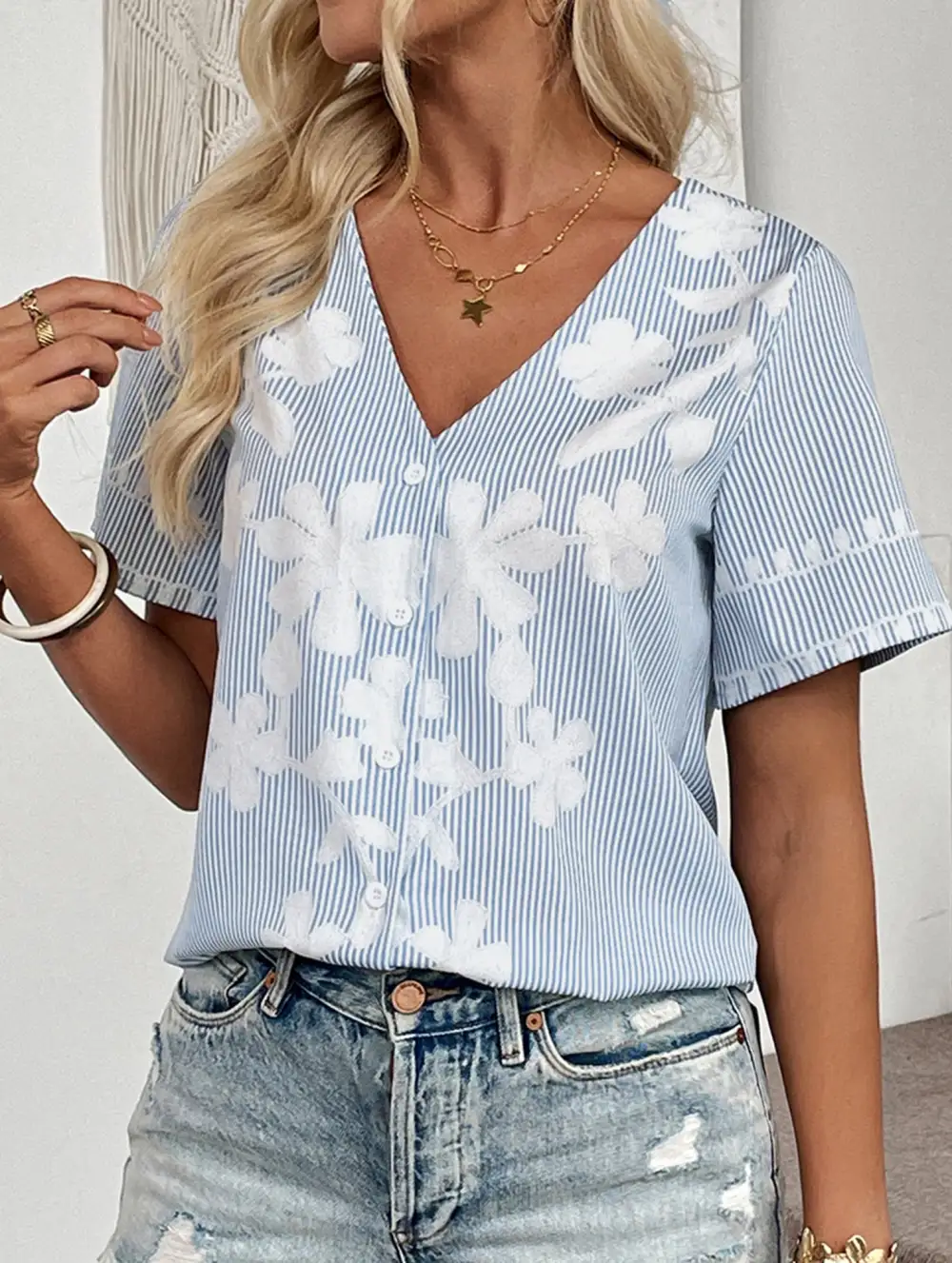 Stripe Floral V Neck Shirt
