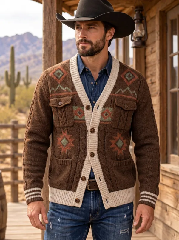 Dusty Trail Aztec Geometric Prairie Look Men's Western Cardigan