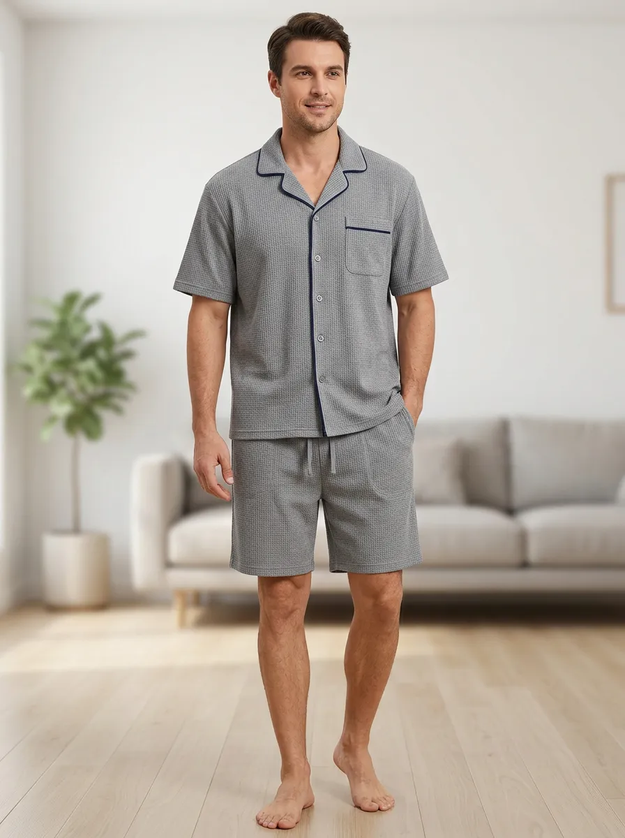Men's Grey Waffle Knit Button Down Pajama Lounge Set