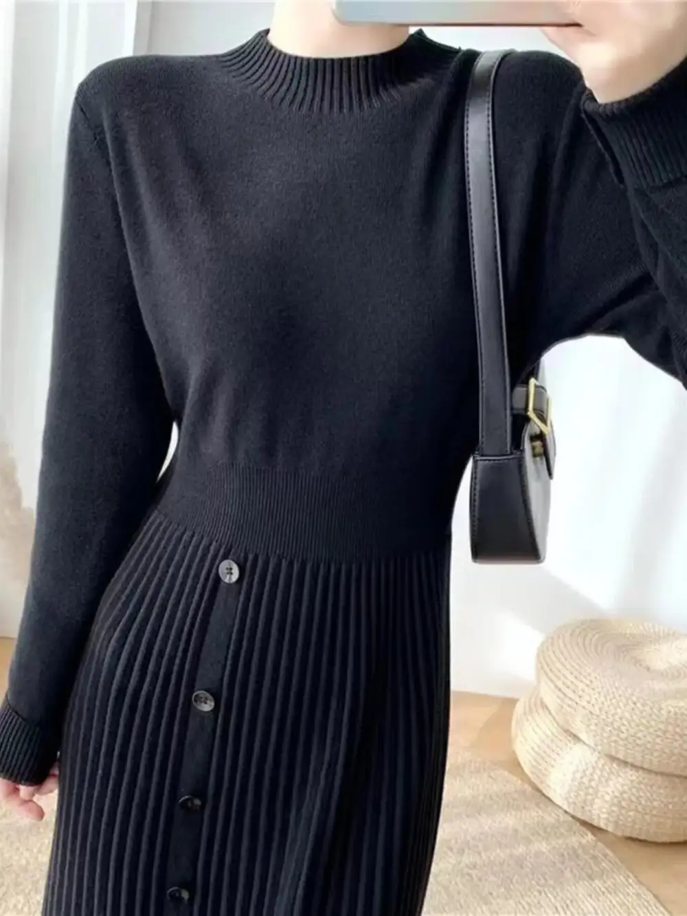 Knit Mock Neck Slit Sweater Dress