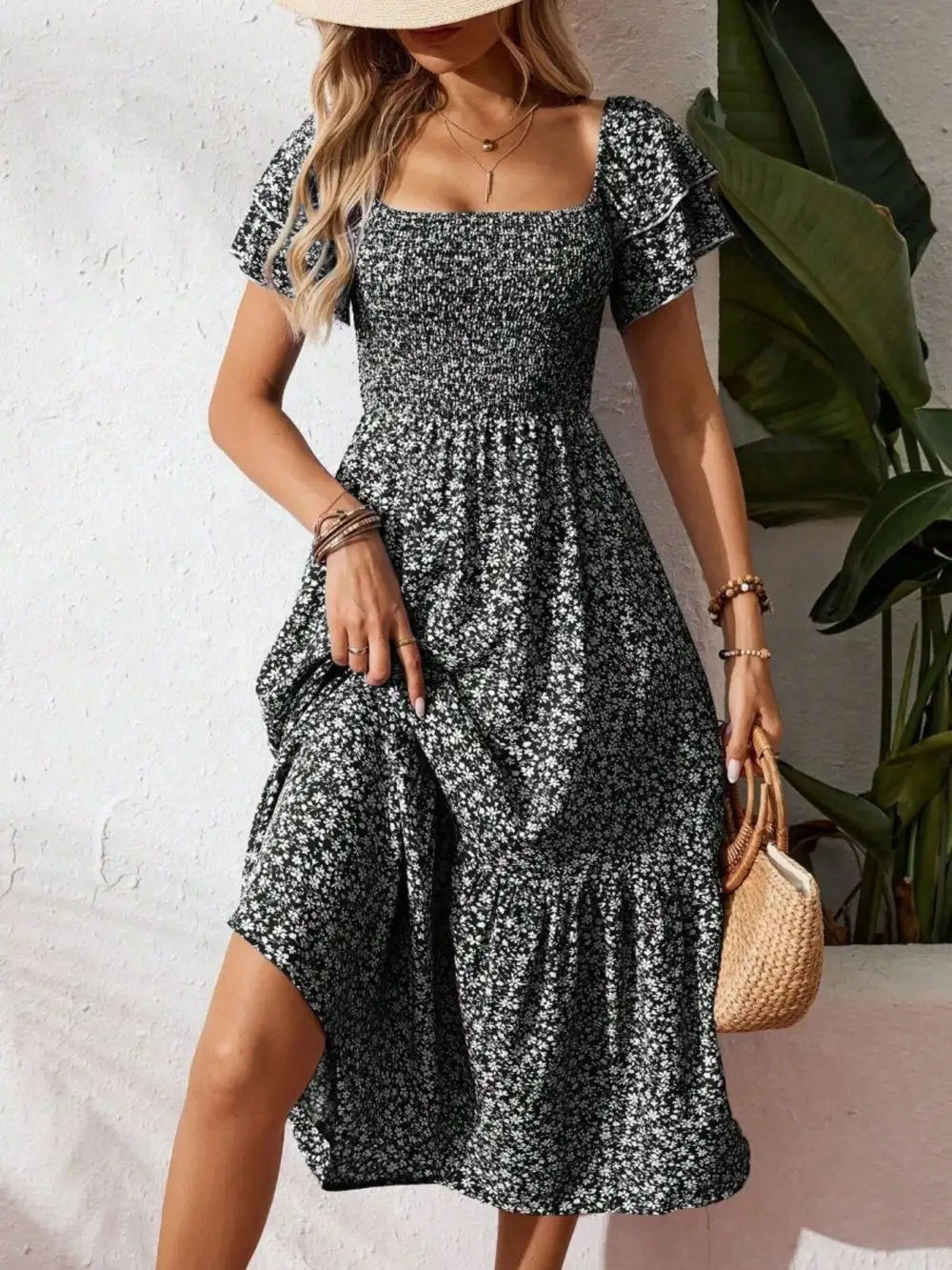 Gathered Detail Floral Printed Ruffle Dress