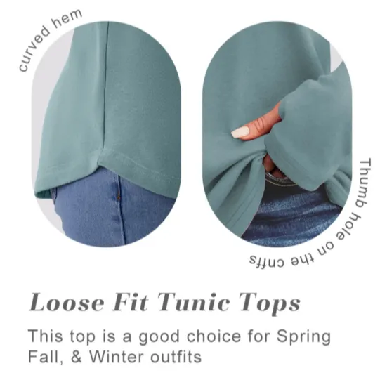 Womens Tunic Tops to Wear with Leggings Long Sleeve Thumb Hole Shirts Crew Neck Curved Hem