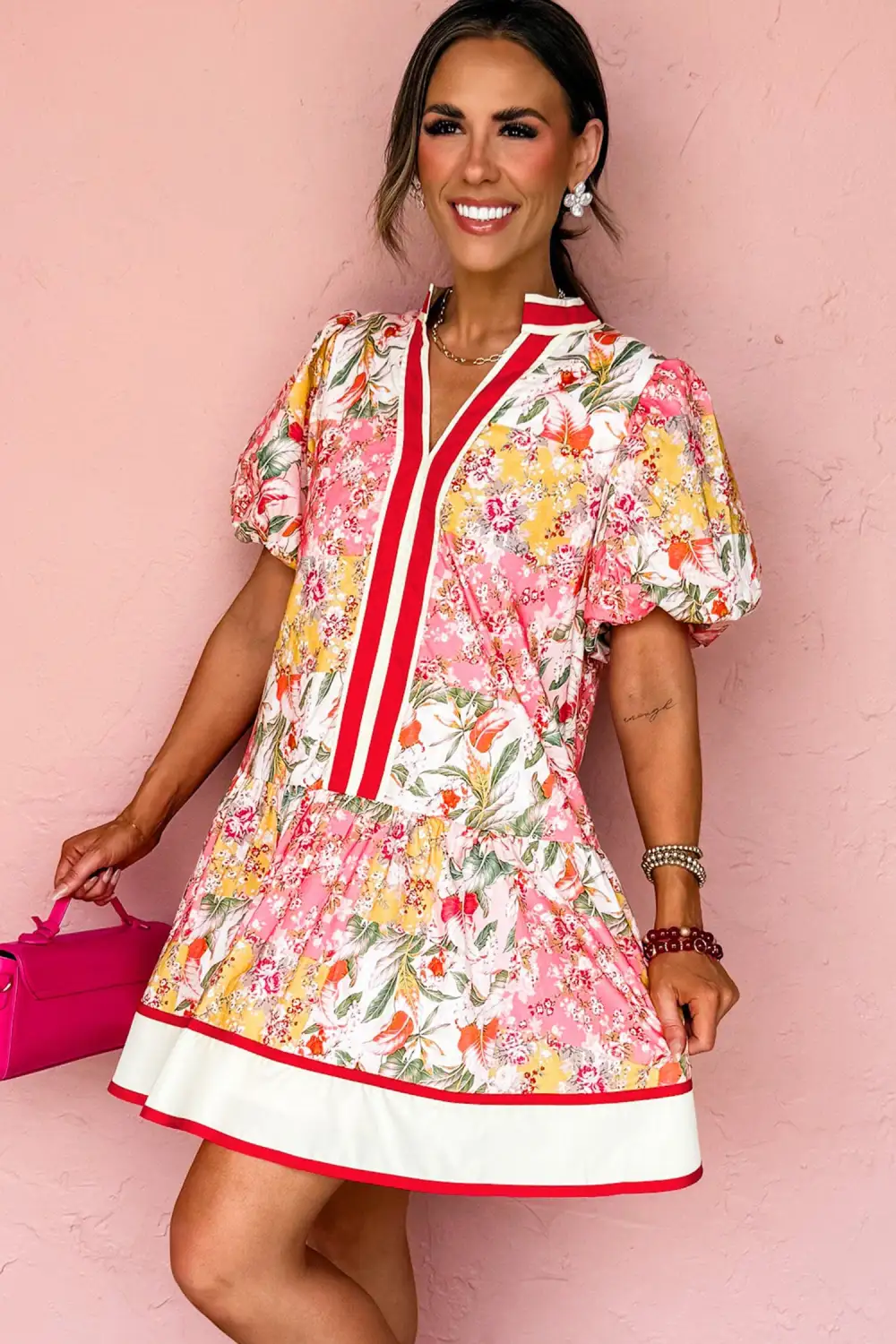 Floral Patchwork V Neck Mini Dress