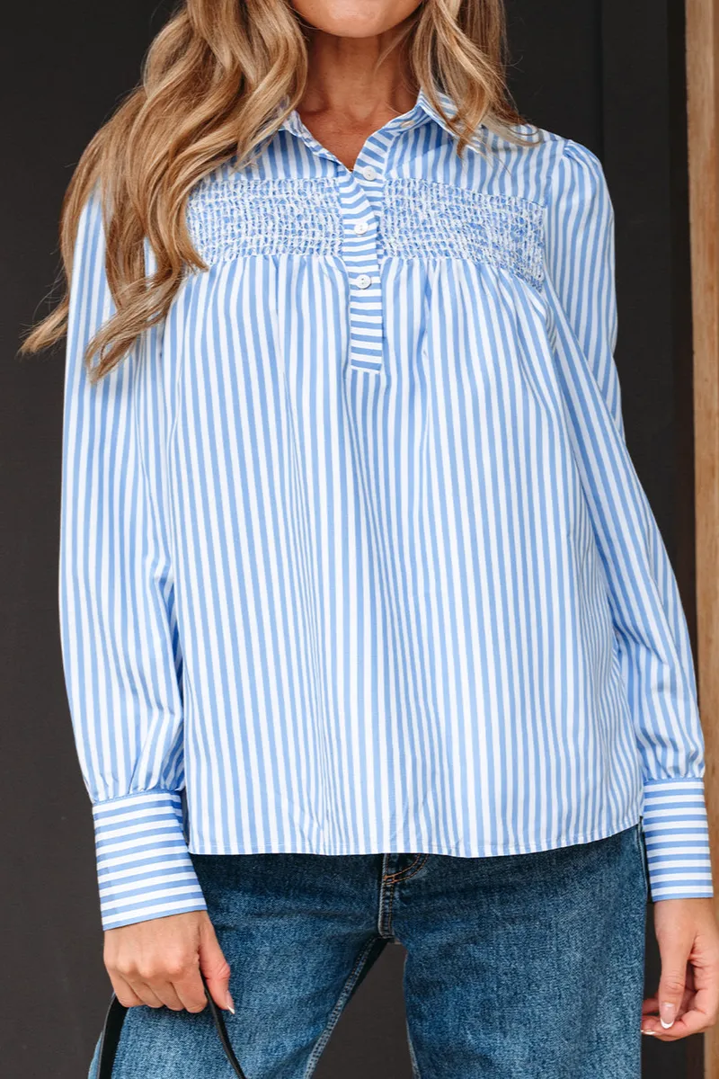 Striped Shirred Half Placket Blouse