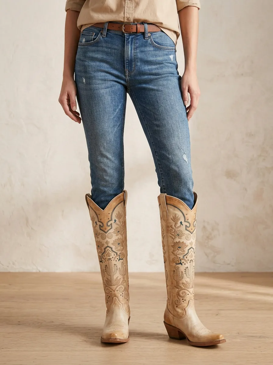 Women's Western Cactus Floral Embroidered Studded Pointed-Toe Block-Heel Denim Over-the-Knee Boots