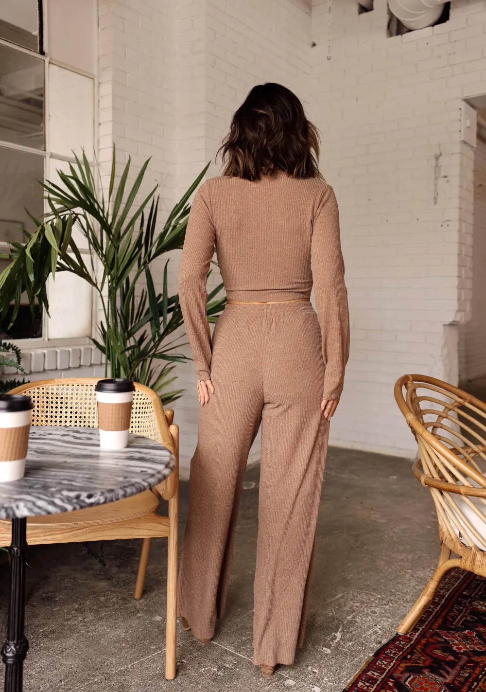 High-Waist Wide-Leg Knit Ribbed Pants