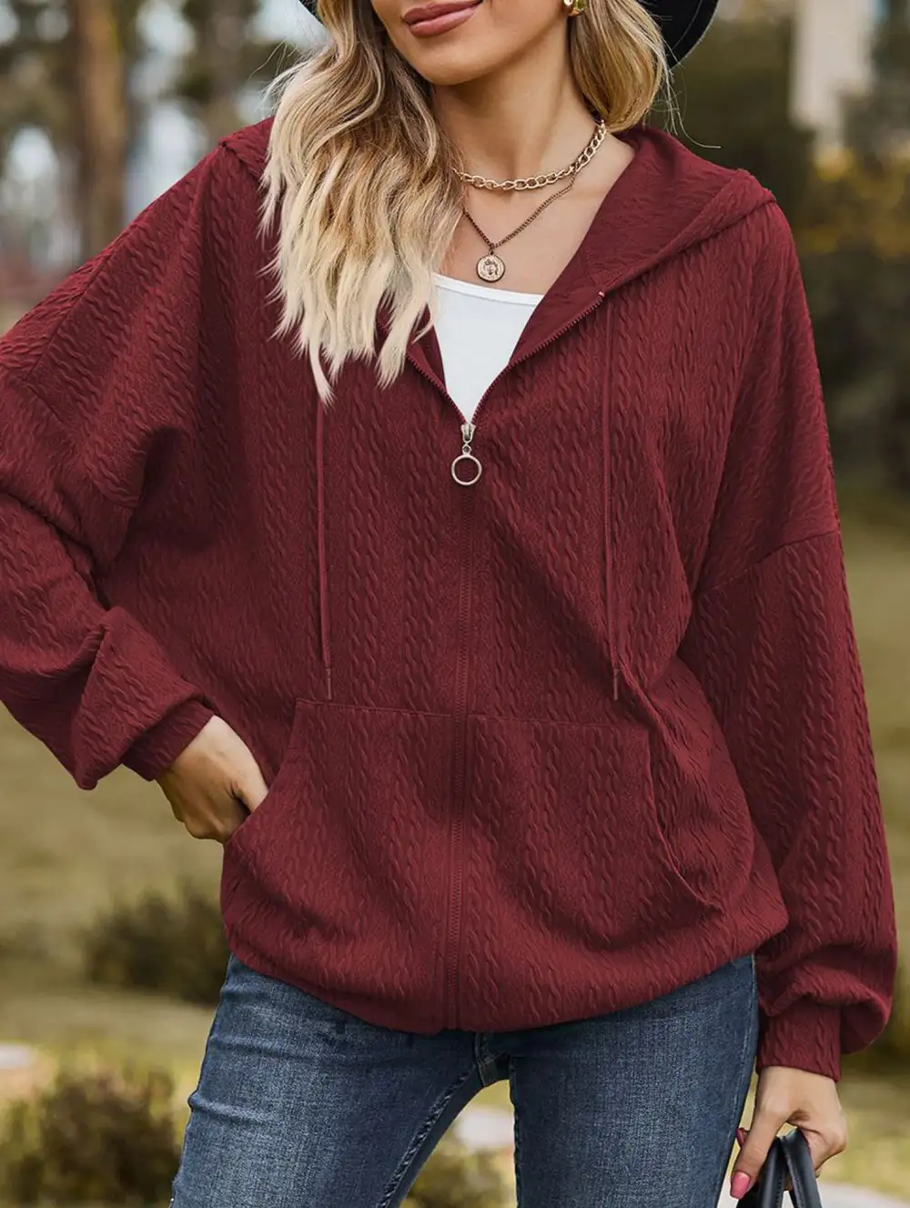 Pocket Long-Sleeved Loose Hooded Sweatshirt
