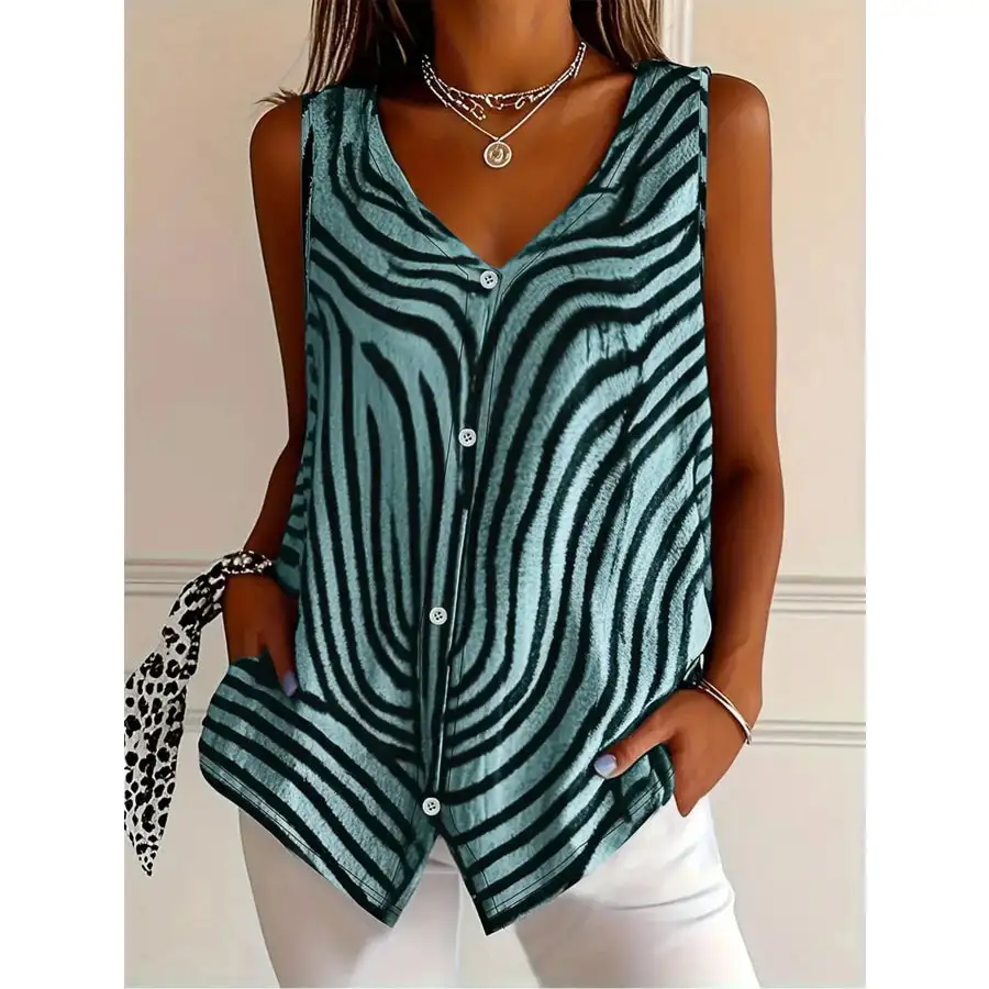 Sleeveless Zebra Button Up Tank Top
