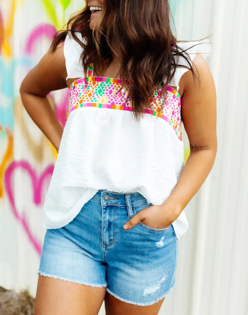 Aztec Embroidered Square Neck Ruffle Tank Top