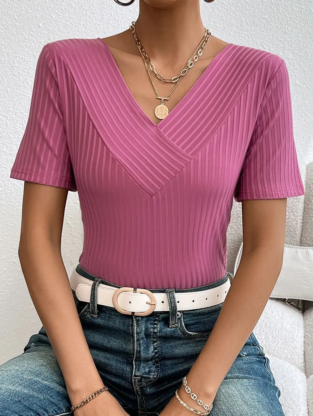 Relaxed V Neck Ribbed Tee