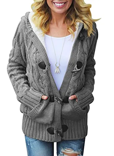 Women Hooded Knit Cardigans Button Cable Sweater Coat
