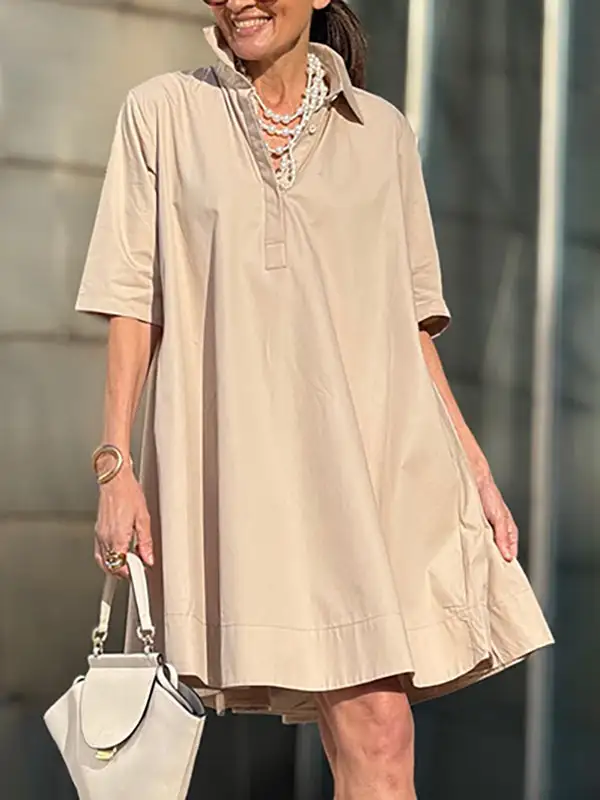 A Line Short Sleeve Solid Color Split Joint Lapel Mini Dress