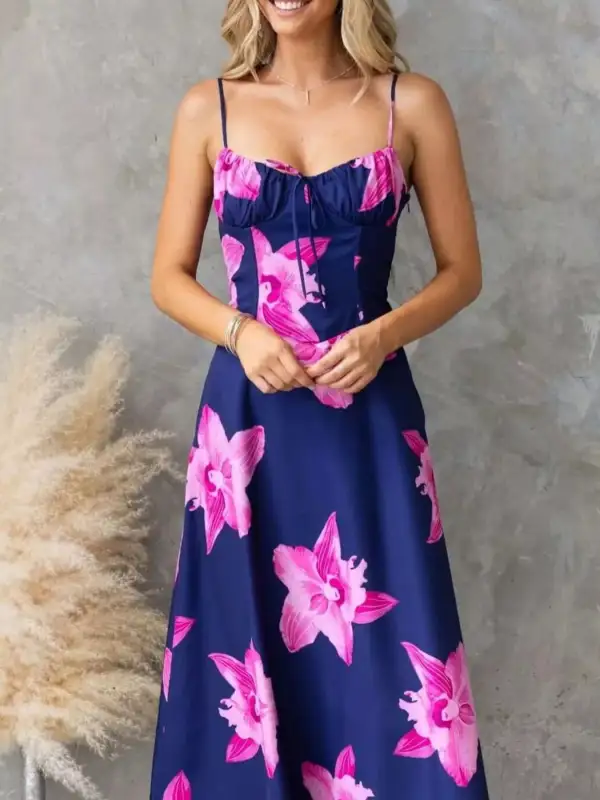 Layered Detail Floral Printed Midi Dress