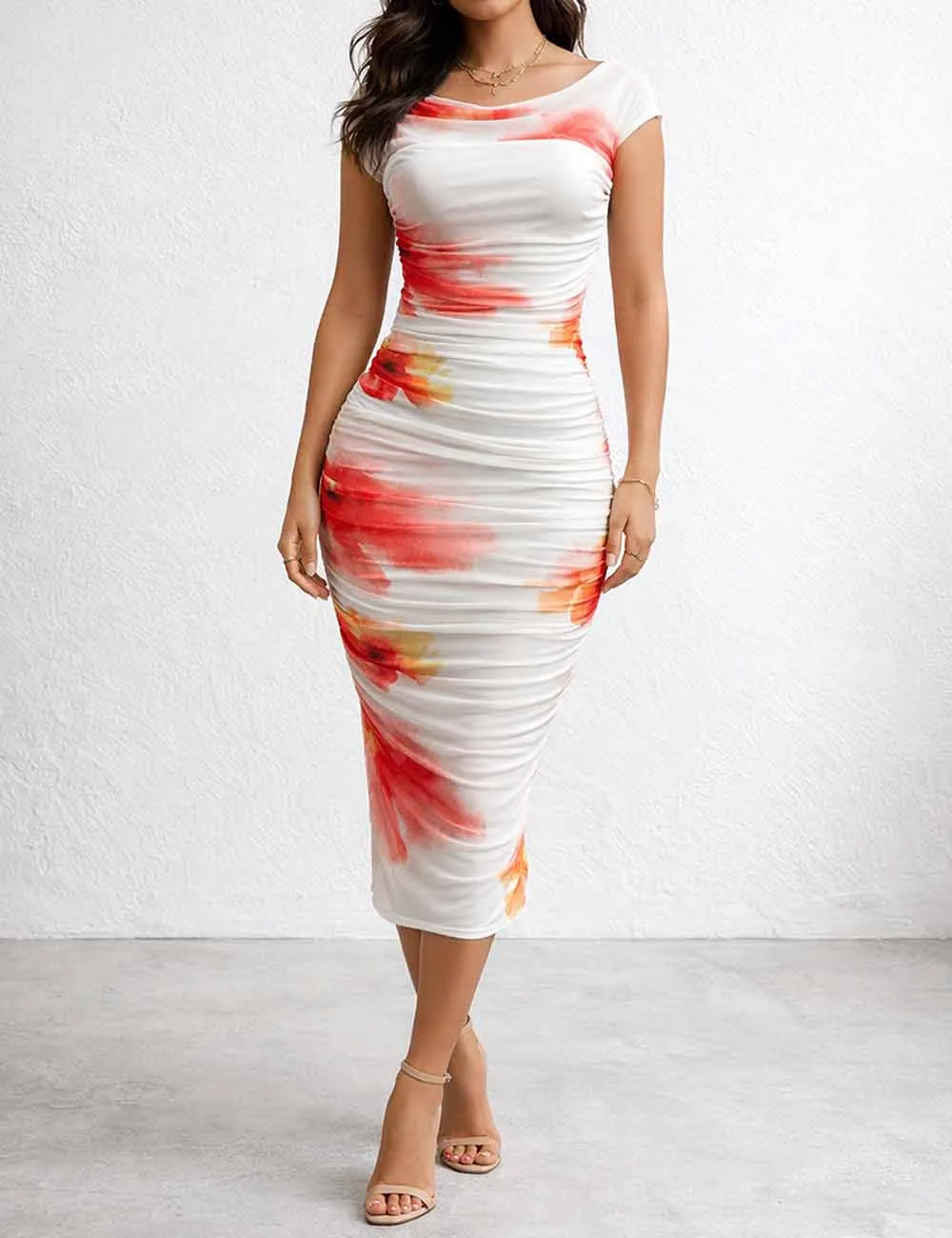Chic Off Shoulder Ruched Bodycon Midi Dress