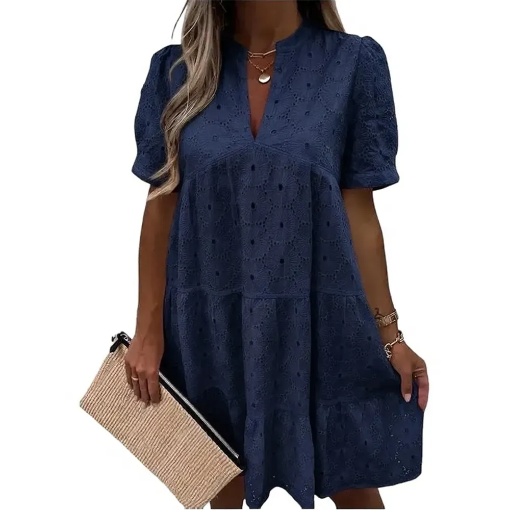 Flowy Lace Dresses Short Sleeve V Neck Tunic Dress
