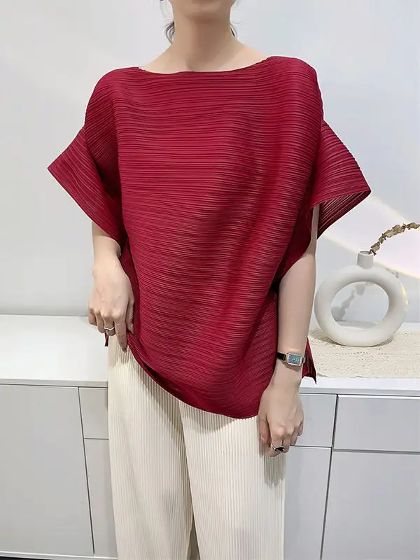 Batwing Sleeve Relaxed Pleat Detail Round Neck T-Shirt