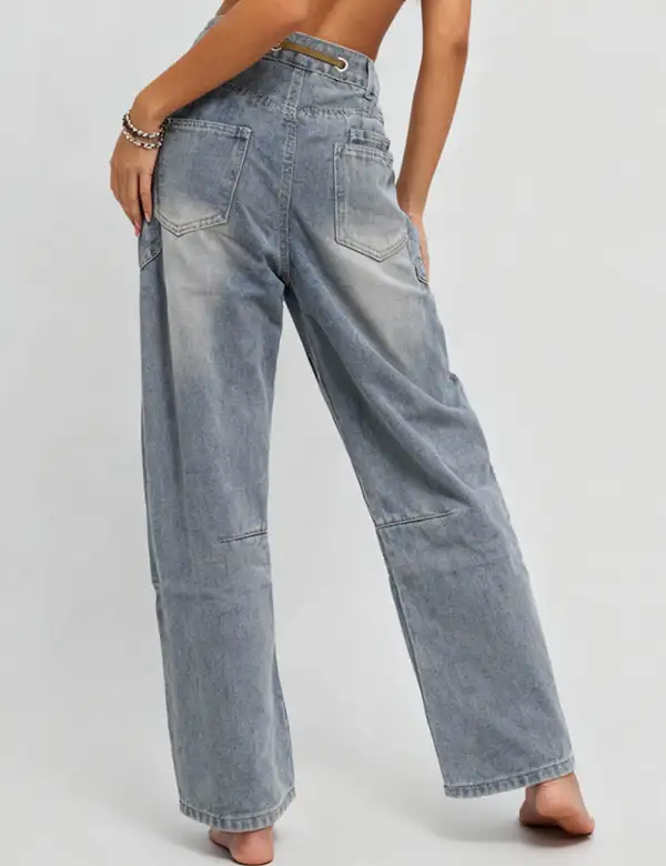 Vintage Patchwork Drawstring Wide Leg Denim Pants