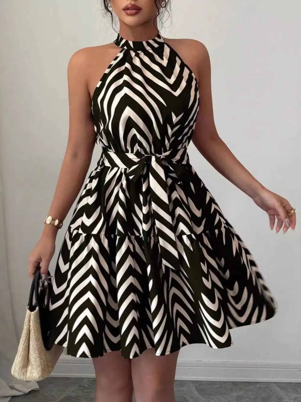 Printed Tie Waist Ruffle Dress Casual