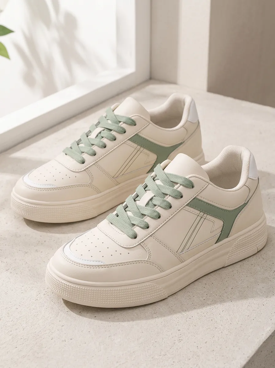 Women's Beige Sage Green Minimalist Printed Sneakers