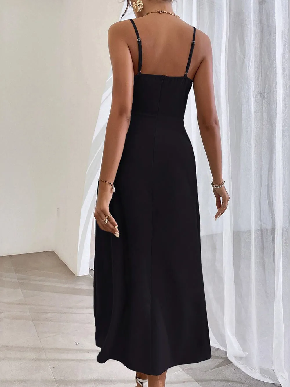 Elegant Spaghetti Strap Pleated Leg Slit Midi Dress