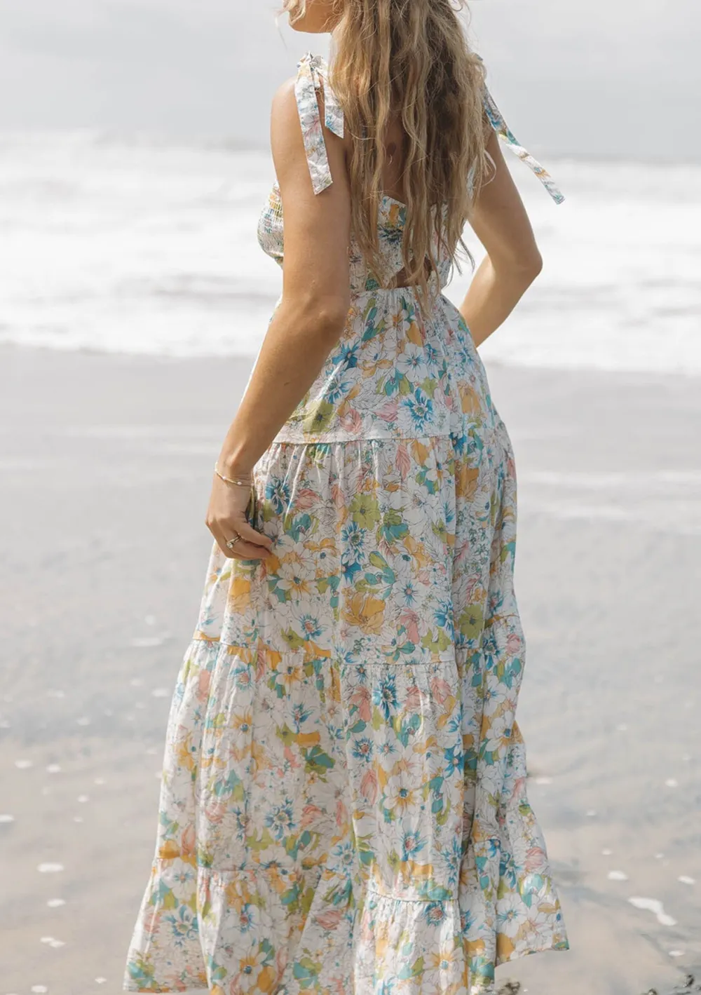Smocked Tied Shoulder Maxi Dress
