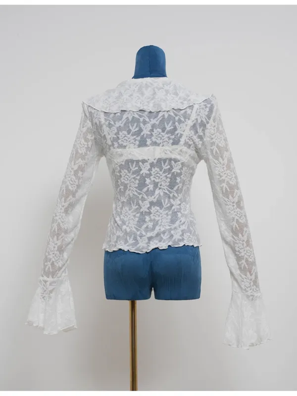 Sheer Lace Boho Ruffle V Neck Flared Sleeves Blouse